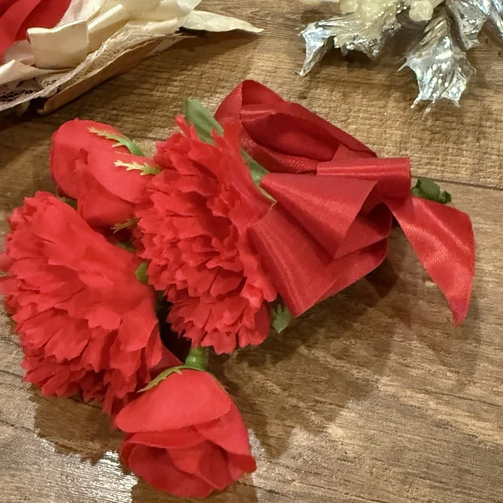 Christmas Corsage Vintage Lot 3 Holly Red Silver Ribbon Flowers Vtg